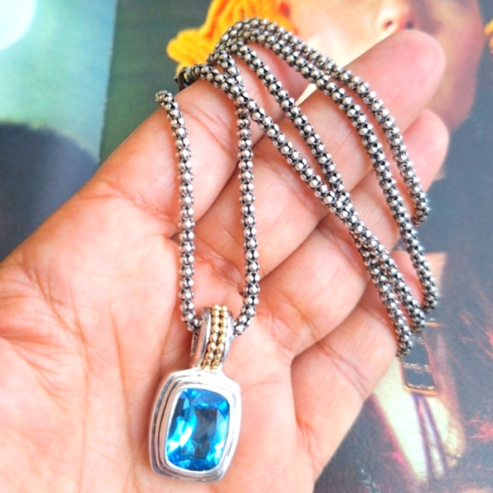 Vintage Sadye L Vassil SLV 14K Gold Sterling Silver blue topaz necklace